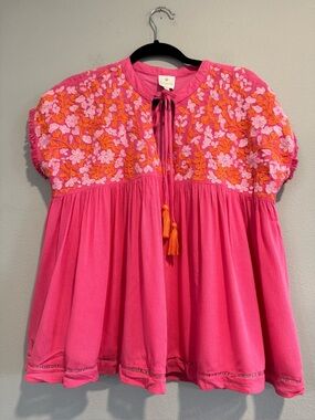 J.Marie Embroidered Tassel Peasant Boho Top Small